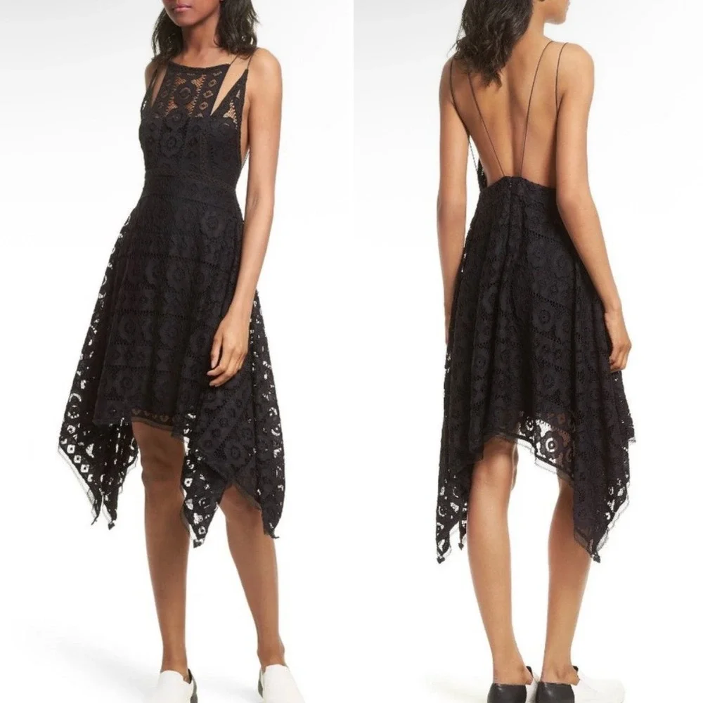Free People Just Like Honey Black Lace Dress 2 Handkerchief Hem Open Back Midi